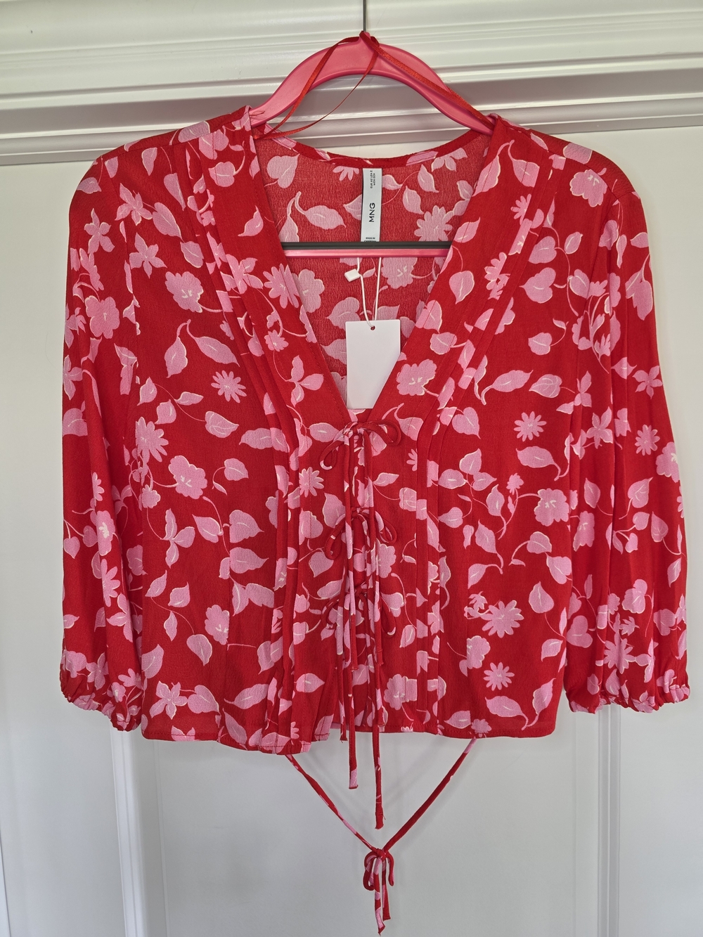 Mango Women’s Bow Printed Floral Blouse - Red & Pink - Picture 4 of 9